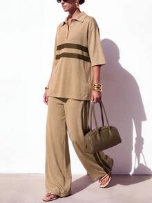 Zivah Women's Striped Colorblock Button Half-Placket Top And Loose Pocket Pants Set - Apricot - View 10