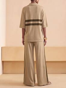 Zivah Women's Striped Colorblock Button Half-Placket Top And Loose Pocket Pants Set - Apricot - View 3