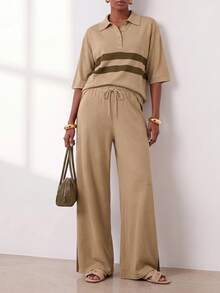 Zivah Women's Striped Colorblock Button Half-Placket Top And Loose Pocket Pants Set - Apricot - View 13