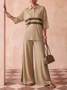 Zivah Women's Striped Colorblock Button Half-Placket Top And Loose Pocket Pants Set - Apricot - View 8
