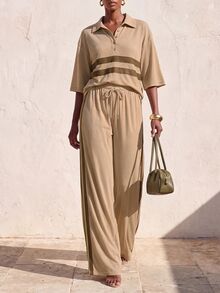 Zivah Women's Striped Colorblock Button Half-Placket Top And Loose Pocket Pants Set - Apricot - View 12
