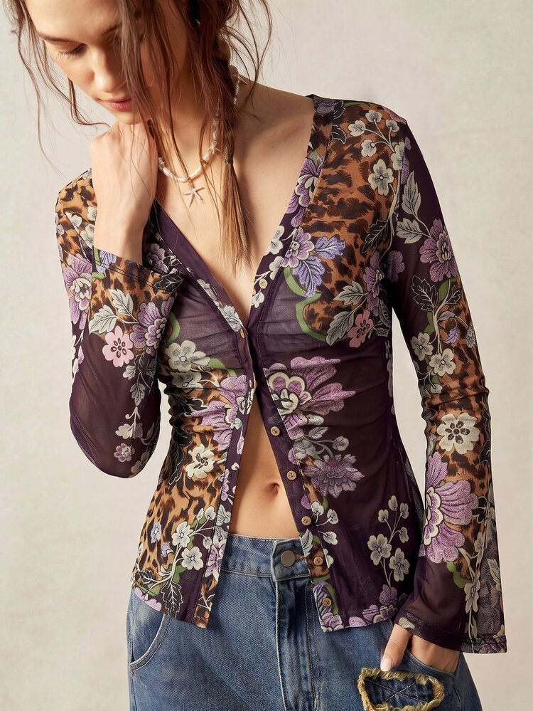 Bohemela Casual Vacation Knit Mesh Printed Women's Top - Purple - View 7