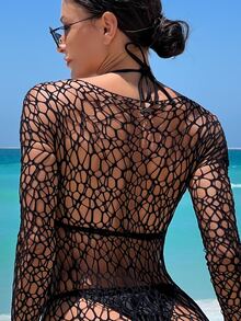 SHEIN Swim Summer Beach Hollow Out Fishnet Cover Up Dress Without Bikini - Black - View 3