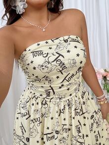 TOM & JERRY X SHEIN SHEIN EZwear 大尺碼女款字母印花抓皺抹胸洋裝，適合外出、街頭穿搭、機場造型、時尚、返校、Y2K、派對、海灘度假、假期 - 彩色 - 查看 6