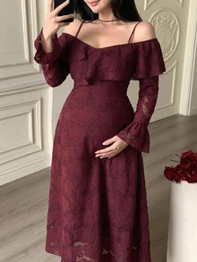 DAZY Solid Color Loose Lace Long Sleeve Off-Shoulder Umbrella Skirt Elegant Vacation Spring/Autumn Maternity Dress - Red - View 4