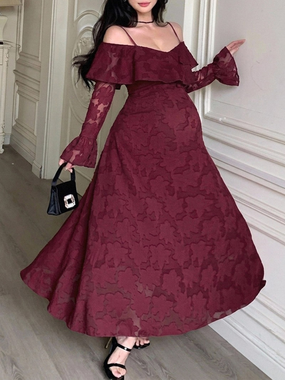 Solid Color Loose Lace Long Sleeve Off-Shoulder Umbrella Skirt Elegant Vacation Spring/Autumn Maternity Dress