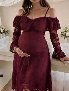 DAZY Solid Color Loose Lace Long Sleeve Off-Shoulder Umbrella Skirt Elegant Vacation Spring/Autumn Maternity Dress - Red - View 3