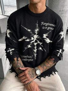 NEOSTRIT 男士萬聖節骷髏提花圓領長袖百搭毛衣 日常穿著 度假節日 頹廢街頭風 秋冬 黑白哥德風 - 黑色 - 查看 1