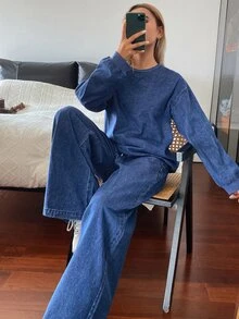 DAZY Women's Autumn Round Neck Long Sleeve Loose Fit Blue Casual Denim Sweatshirt And Wide Leg Pants Set - Blue - View 6