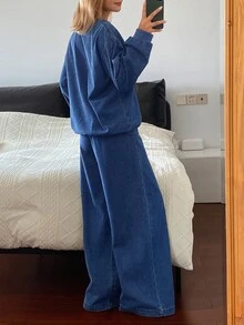 DAZY Women's Autumn Round Neck Long Sleeve Loose Fit Blue Casual Denim Sweatshirt And Wide Leg Pants Set - Blue - View 2