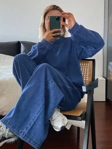 DAZY Women's Autumn Round Neck Long Sleeve Loose Fit Blue Casual Denim Sweatshirt And Wide Leg Pants Set - Blue - View 1