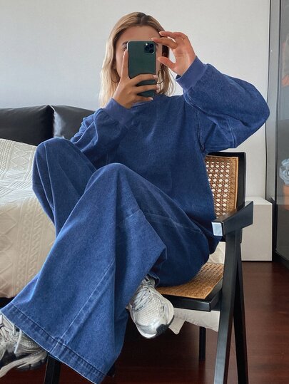 DAZY Setelan Sweatshirt Denim Biru Kasual Longgar Lengan Panjang Leher Bulat Musim Gugur untuk Wanita dan Celana Panjang Lebar