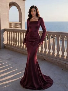 Coutiva 女款純色百褶方領優雅女王收腰正式婚禮誓約派對晚禮服 深紅色 冬季 - 酒紅色 - 查看 7