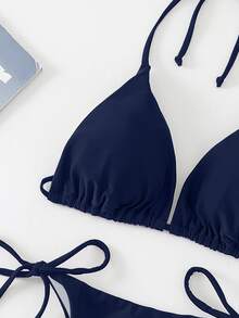 Swim Basics 1 Set Bikini Seksi Wanita Warna Polos dengan Tali Pengikat, Pakaian Renang Pantai untuk Liburan Musim Panas di Pantai - Navy Blue - View 3