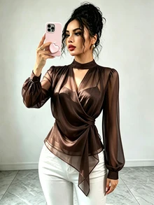 SHEIN Raffinéa 女款優雅性感立領雪紡前綁帶襯衫，適合通勤、夜生活與約會，咖啡棕色，夏季款 - 咖啡棕 - 查看 5