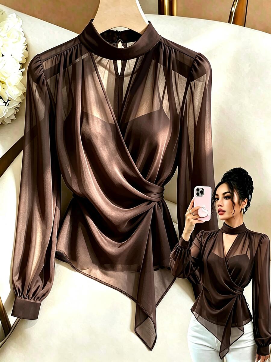 SHEIN Raffinéa 女款優雅性感立領雪紡前綁帶襯衫,適合通勤、夜生活與約會,咖啡棕色,夏季款 - 咖啡棕 - 查看 1