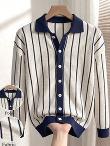 RONVEXI 男士 Polo 領慵懶長袖開襟針織外套，休閒秋冬款藍白條紋撞色寬鬆時尚通勤百搭直條紋長袖開襟衫 - 彩色 - 查看 2