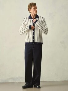 RONVEXI 男士 Polo 領慵懶長袖開襟針織外套，休閒秋冬款藍白條紋撞色寬鬆時尚通勤百搭直條紋長袖開襟衫 - 彩色 - 查看 5