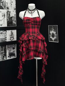 Bitrose Vestido de verano con volantes y escote halter sin espalda a cuadros - Rojo - Ver 2