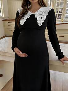 DAZY Contrast Trim Elastic Fitted Long Sleeve Long Casual Vacation Korean Style Spring Autumn Maternity Dress - Black - View 3