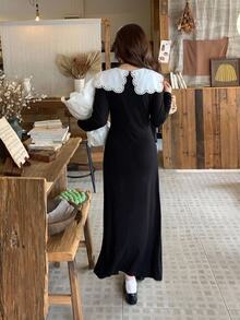 DAZY Contrast Trim Elastic Fitted Long Sleeve Long Casual Vacation Korean Style Spring Autumn Maternity Dress - Black - View 2