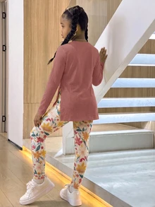 Tween Girls Loose Long Sleeve Top & Side Slit Skinny Leggings 2 Pieces Set - White - View 2