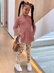 Tween Girls Loose Long Sleeve Top & Side Slit Skinny Leggings 2 Pieces Set - White - View 3