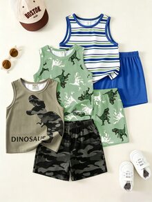 3 piezas/Set Camisetas sin mangas casuales minimalistas con estampado de dibujos animados cómodas para niños, adecuadas para primavera, otoño y verano - Multicolor - Ver 1