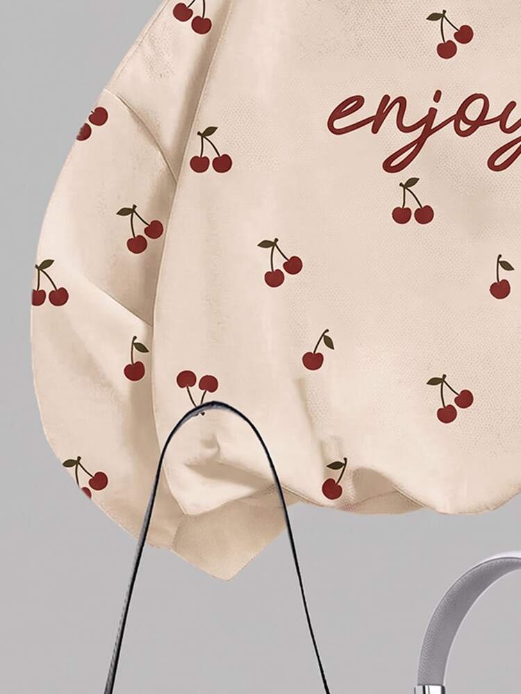 Tween Girl Casual Thick Warm Maillard Retro Cute Mini Cherry Pattern Loose Crew Neck Pullover Sweatshirt & Soft Casual Angora Red Leggings 2 Pieces Set, Suitable For Autumn/Winter Daily, Fall Vibes, Fashion Winter, Christmas, Halloween, Outdoor, Picnic - White - View 3