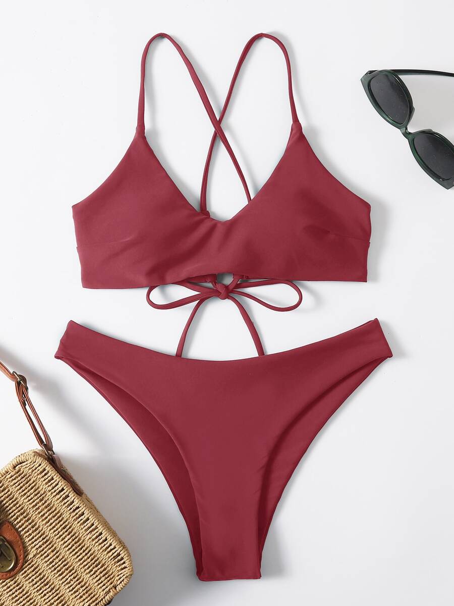 SHEIN Swim 女款純色交叉背性感比基尼泳衣套裝,無鋼圈,適合夏季海灘度假 - 紅木色 - 查看 1