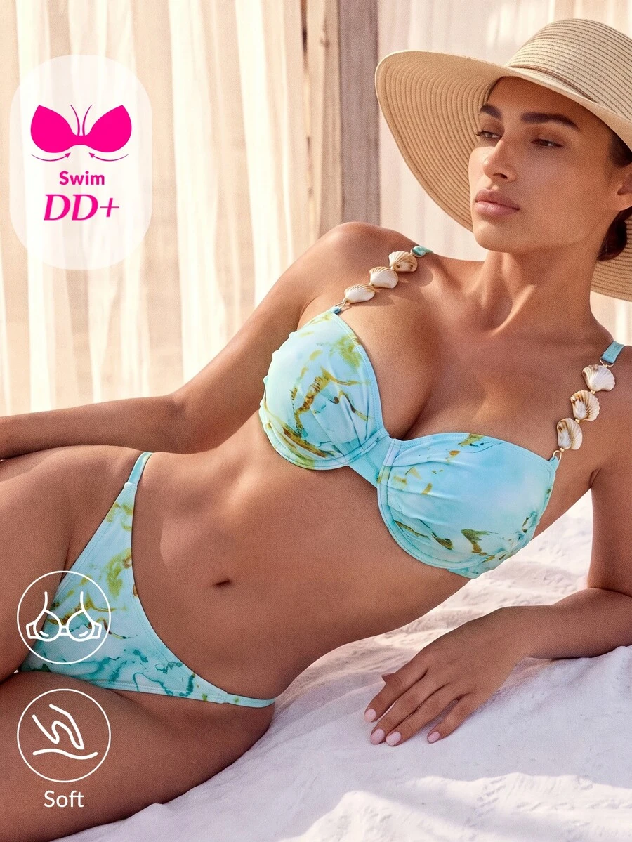 Voyashape Aqua Blue Summer Mint Marble Print 2pcs Swimwear Set, Shell Decor Lace-Up Hard Cup Bikini, Elegant Y2K Casual Holiday Vacation Holiday Beach Vacation - Multicolor - View 1