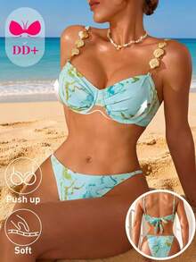 Voyashape Aqua Blue Summer Mint Marble Print 2pcs Swimwear Set, Shell Decor Lace-Up Hard Cup Bikini, Elegant Y2K Casual Holiday Vacation Holiday Beach Vacation - Multicolor - View 7