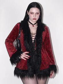 SHEIN ICON Mantel Bulu Sintetis Wanita Plus Size Musim Gugur/Dingin Gaya Retro Seksi Y2K Gothic Gelap Avant-Garde Berani Individual Blok Warna Hitam dan Merah Motif Macan Tutul Patchwork - Merah - View 8