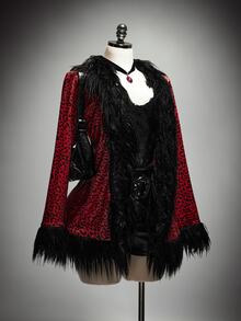 SHEIN ICON Mantel Bulu Sintetis Wanita Plus Size Musim Gugur/Dingin Gaya Retro Seksi Y2K Gothic Gelap Avant-Garde Berani Individual Blok Warna Hitam dan Merah Motif Macan Tutul Patchwork - Merah - View 1