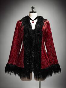 SHEIN ICON Mantel Bulu Sintetis Wanita Plus Size Musim Gugur/Dingin Gaya Retro Seksi Y2K Gothic Gelap Avant-Garde Berani Individual Blok Warna Hitam dan Merah Motif Macan Tutul Patchwork - Merah - View 6