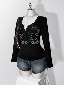 SHEIN ICON 女款大尺碼秋冬復古性感千禧風Y2K半開襟蕾絲假兩件式字母數字圖案黑色T恤 - 黑色 - 查看 4