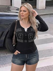 SHEIN ICON 女款大尺碼秋冬復古性感千禧風Y2K半開襟蕾絲假兩件式字母數字圖案黑色T恤 - 黑色 - 查看 12