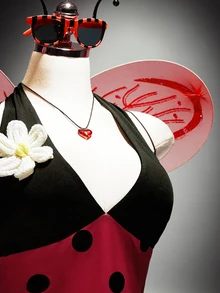 SHEIN ICON 女款大尺碼秋冬復古性感黑紅拼色波點瓢蟲圖案萬聖節兩件套 - 黑色 - 查看 4