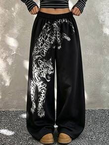 SHEIN Tween Girl Fall Clothes Fall Snow Leopard Animal Print Oversized Streetwear Jacket Long Sleeve Outer Coat - Black - View 1