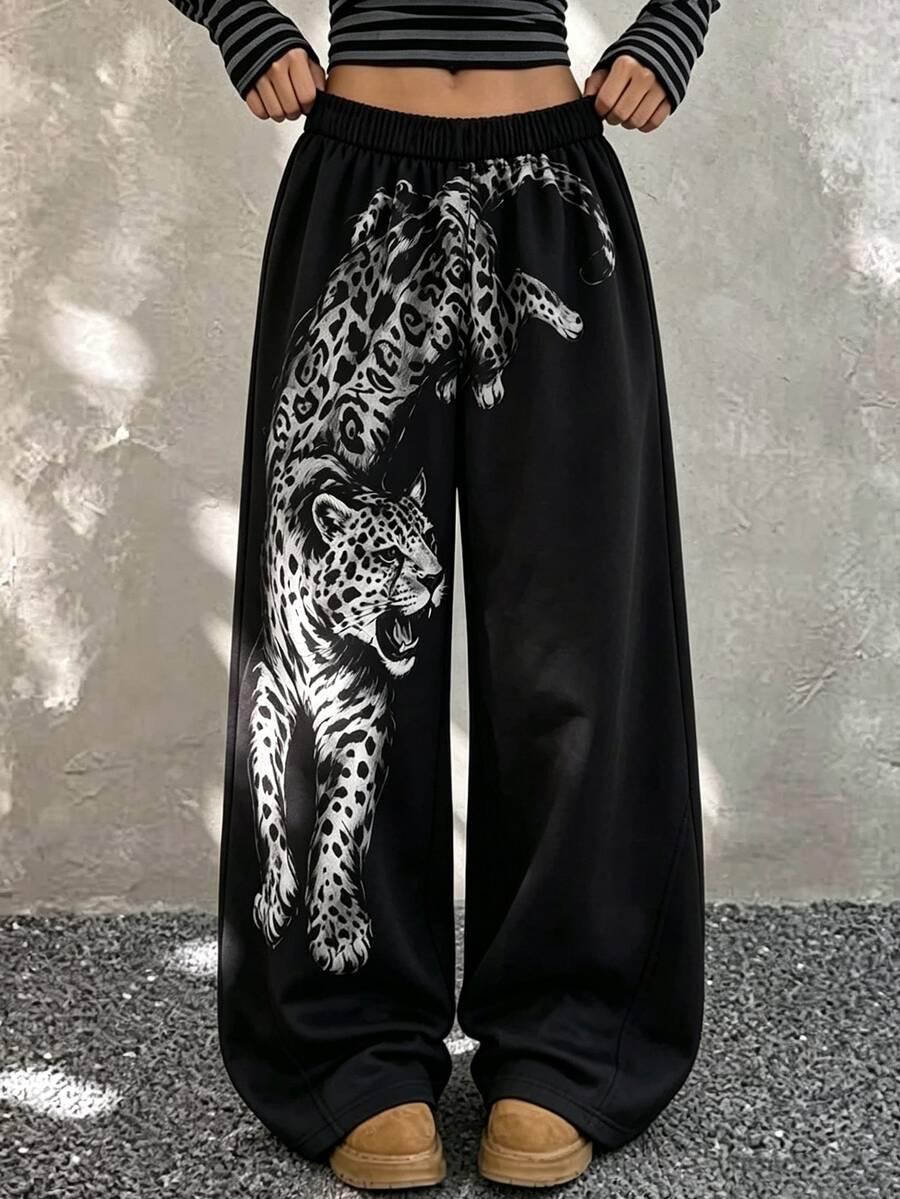 SHEIN Tween Girl Fall Clothes Fall Snow Leopard Animal Print Oversized Streetwear Jacket Long Sleeve Outer Coat - Black - View 1