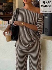 Siren Gaze 95%棉女款休閒單肩T恤與長褲兩件套，條紋兩件套，女款休閒套裝，秋季服飾，適合日常通勤、派對、夏季、聖誕節、新年、感恩節、派對、婚禮、海灘、出遊、約會、情人節、優雅、度假、Y2K - 彩色 - 查看 1