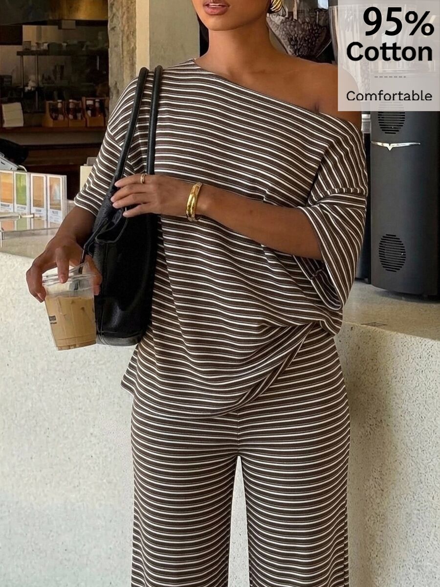Siren Gaze 95%棉女款休閒單肩T恤與長褲兩件套,條紋兩件套,女款休閒套裝,秋季服飾,適合日常通勤、派對、夏季、聖誕節、新年、感恩節、派對、婚禮、海灘、出遊、約會、情人節、優雅、度假、Y2K - 彩色 - 查看 1