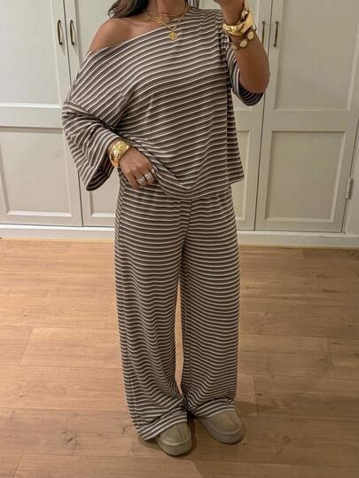 Siren Gaze 95% Cotton Women's Casual One-Shoulder T-Shirt And Pants 2 Pieces Set, Striped 2 Pieces Set, Women's Casual Outfit, Autumn Clothing, Suitable For Daily Commute, Party, Summer, Christmas, New Year, Thanksgiving, Party, Wedding, Beach, Outing, Date, Valentine's Day, Elegant, Vacation, Y2K
