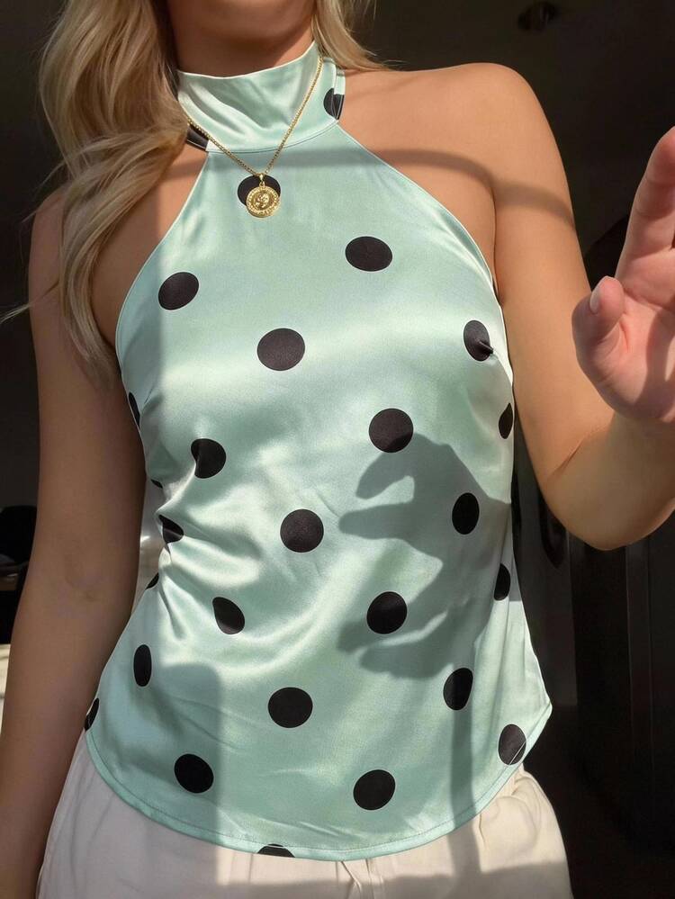 CovetEZ Women's Sweet French Polka Dot Print Halter Neck Tie Top - Mint Blue - View 5