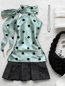 CovetEZ Women's Sweet French Polka Dot Print Halter Neck Tie Top - Mint Blue - View 4