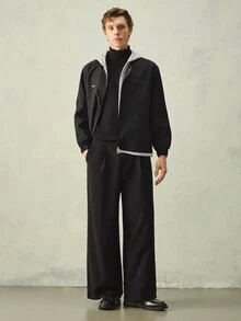RONVEXI 男士鈕扣式口袋長袖二合一連帽夾克 - 黑與白 - 查看 1