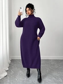 SHEIN Tall CURVE 大尺碼女款秋冬純色休閒百搭寬鬆修身顯瘦高領拉鍊袖針織長洋裝，慵懶隨性風，可作內搭或外穿，適合通勤、日常穿著、外出、約會等多種場合 - 紫羅蘭色 - 查看 4