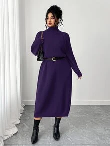 SHEIN Tall CURVE 大尺碼女款秋冬純色休閒百搭寬鬆修身顯瘦高領拉鍊袖針織長洋裝，慵懶隨性風，可作內搭或外穿，適合通勤、日常穿著、外出、約會等多種場合 - 紫羅蘭色 - 查看 6
