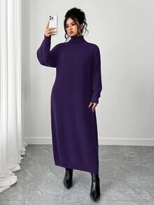 SHEIN Tall CURVE 大尺碼女款秋冬純色休閒百搭寬鬆修身顯瘦高領拉鍊袖針織長洋裝，慵懶隨性風，可作內搭或外穿，適合通勤、日常穿著、外出、約會等多種場合 - 紫羅蘭色 - 查看 5