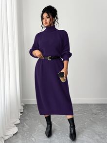 SHEIN Tall CURVE 大尺碼女款秋冬純色休閒百搭寬鬆修身顯瘦高領拉鍊袖針織長洋裝，慵懶隨性風，可作內搭或外穿，適合通勤、日常穿著、外出、約會等多種場合 - 紫羅蘭色 - 查看 1